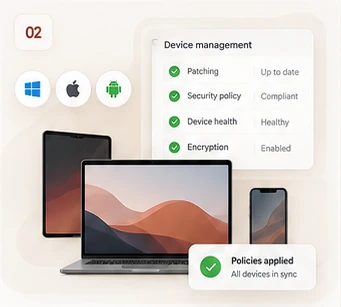 Illustrative device-management diagram: laptop, tablet and phone beside example patching, policy, encryption and device-health checks.