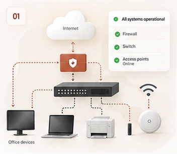 Illustrative network diagram: internet, firewall and switch connected to office devices and Wi-Fi, with sample monitoring statuses.