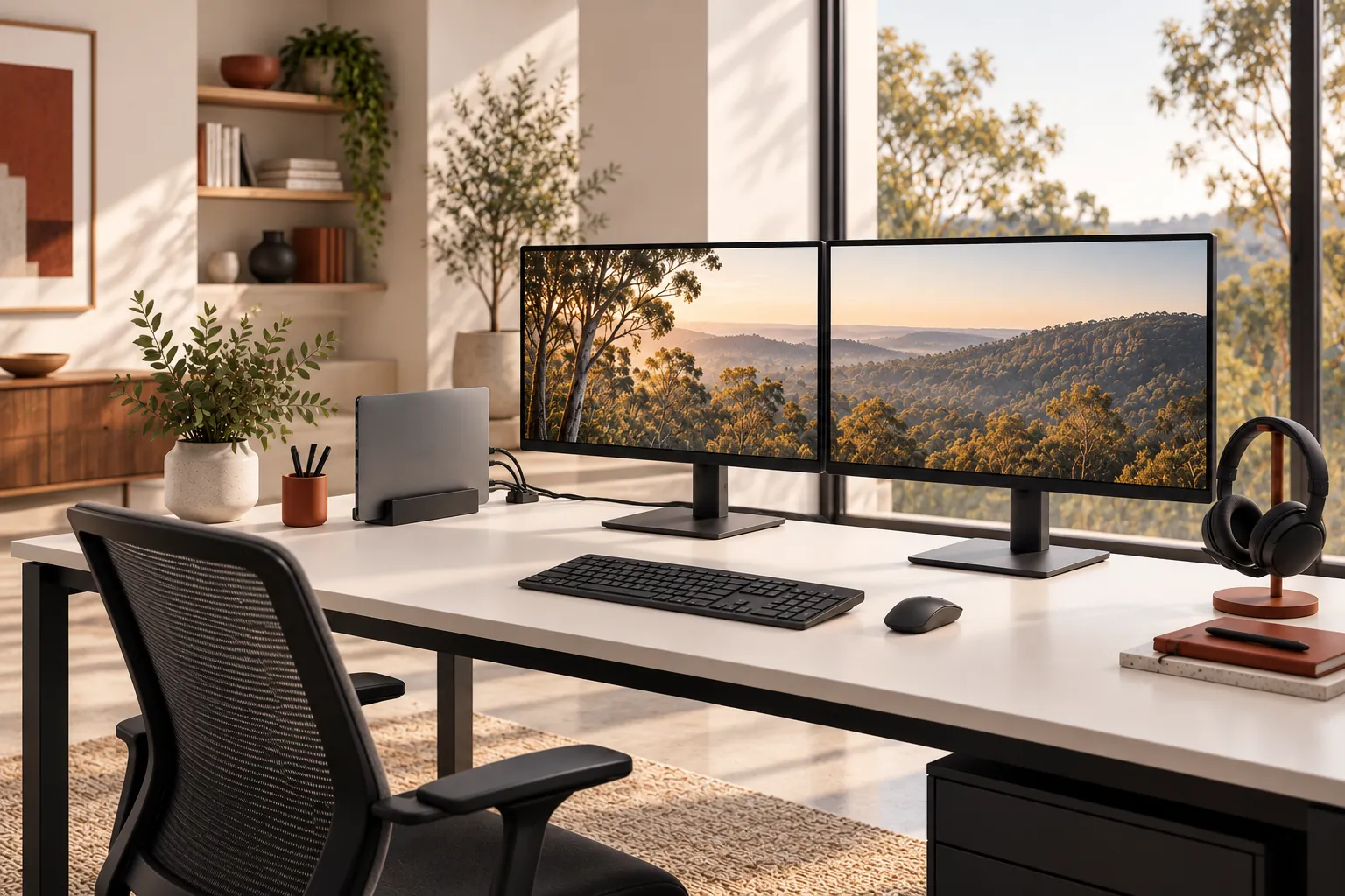 Illustration of a workstation with monitors and headset.