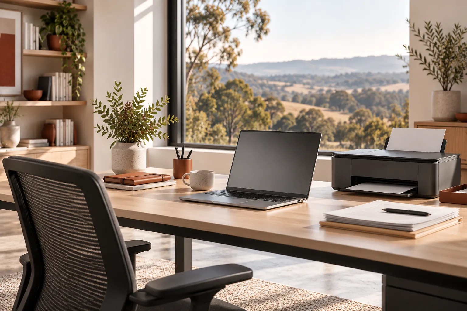 Illustration of a laptop and printer on an office desk.