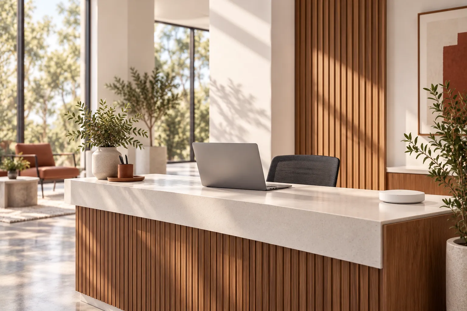 Illustration of a reception desk with laptop and wireless access point.