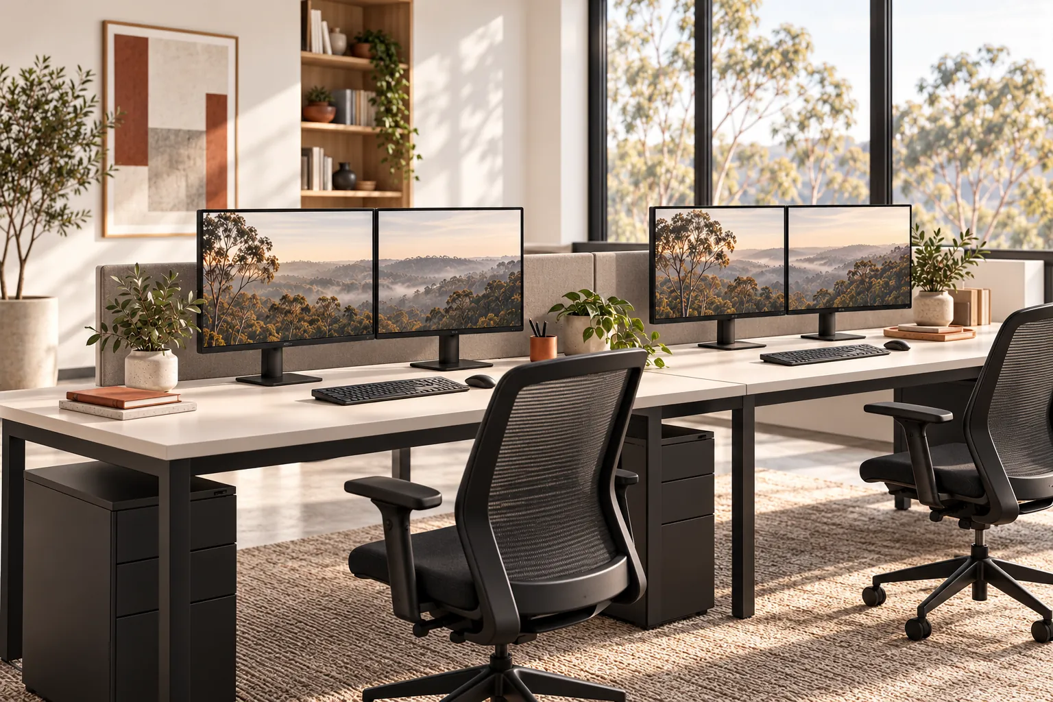 Illustration of two office workstations.