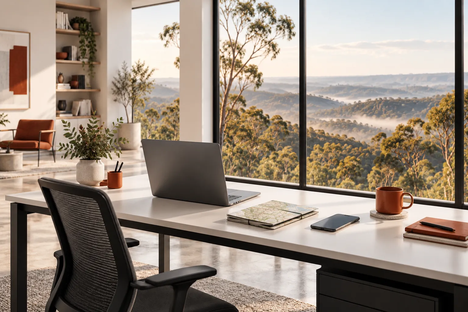 Illustration of a laptop and map on an office desk.