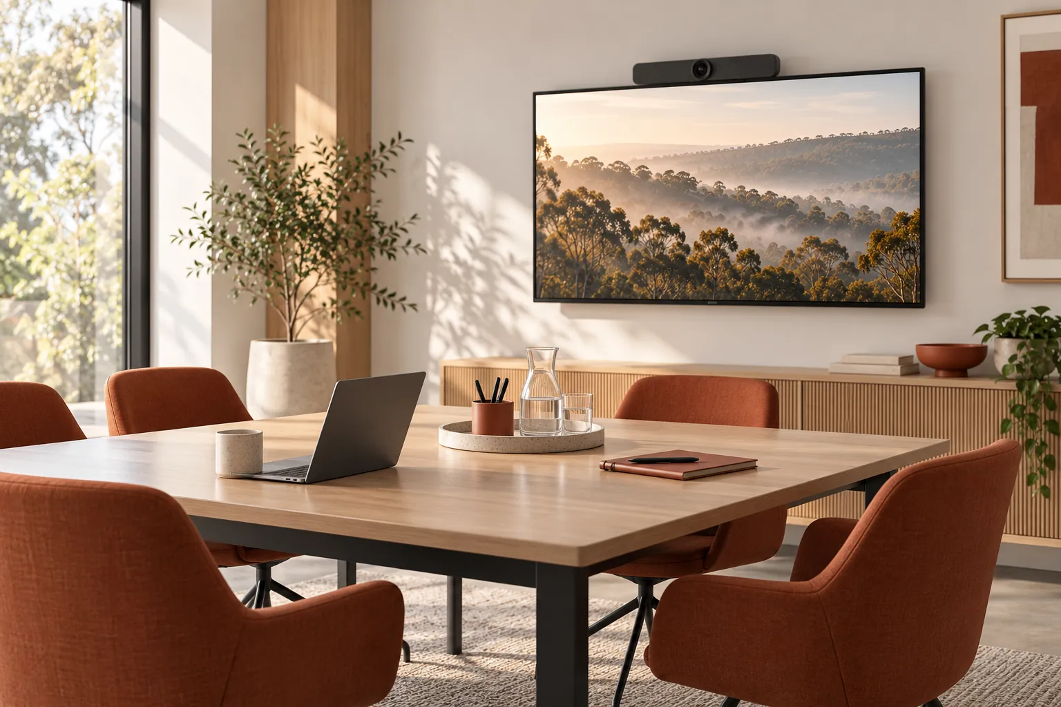 Illustration of a meeting room with a display and camera.