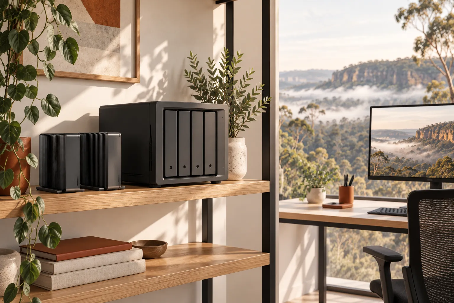 Illustration of network storage and external drives on an office shelf.