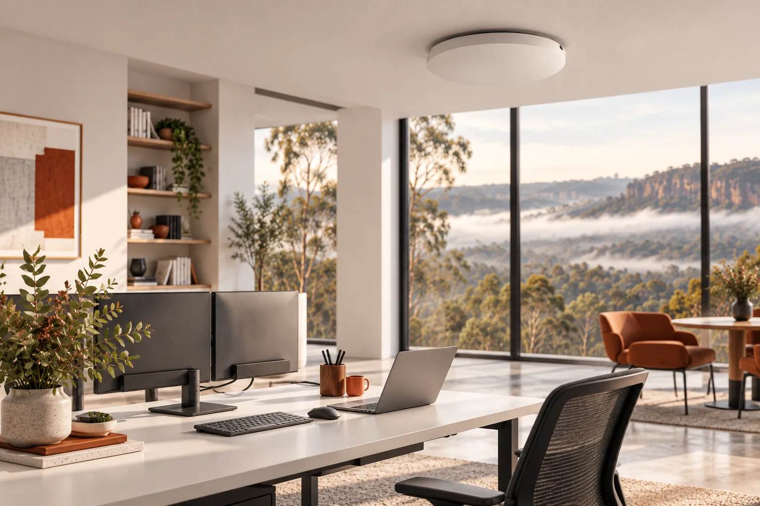 Illustration of an office with a ceiling-mounted wireless access point.