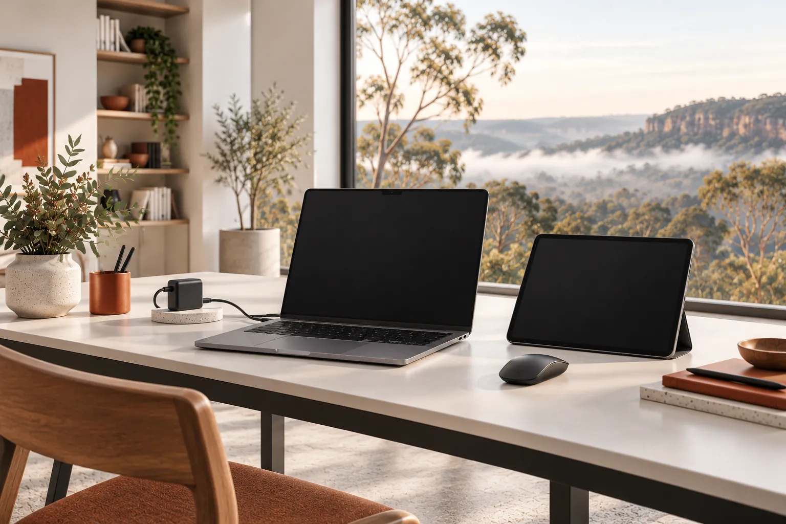 Illustration of a laptop and tablet on a home desk.