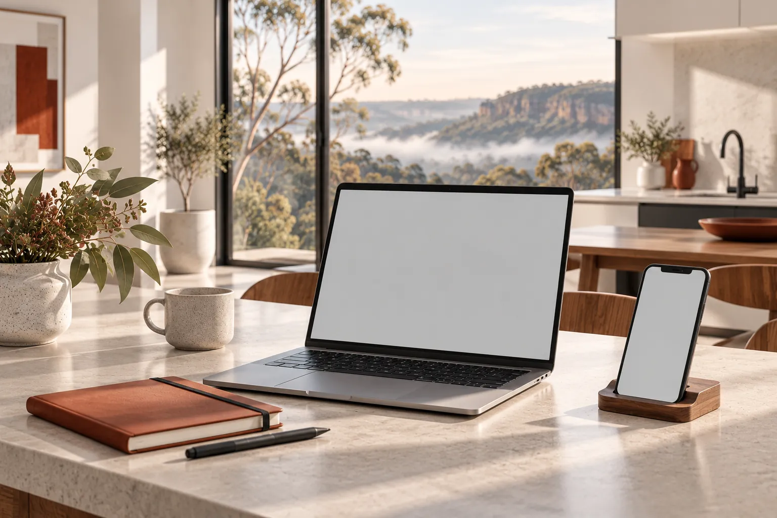 Illustration of a laptop and phone on a kitchen table.