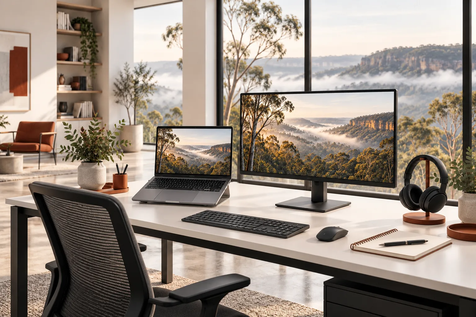 Illustration of a prepared workstation with laptop, monitor and headset.