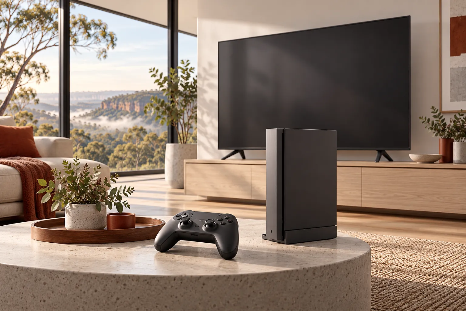 Illustration of a game console and controller in a living room.