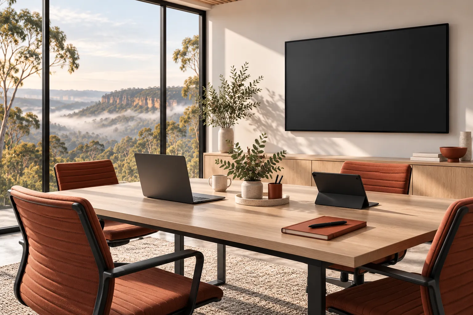 Illustration of a meeting table with a laptop, tablet and display.