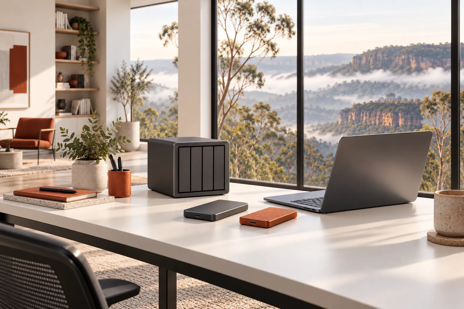 Illustration of data drives and network storage beside a laptop.