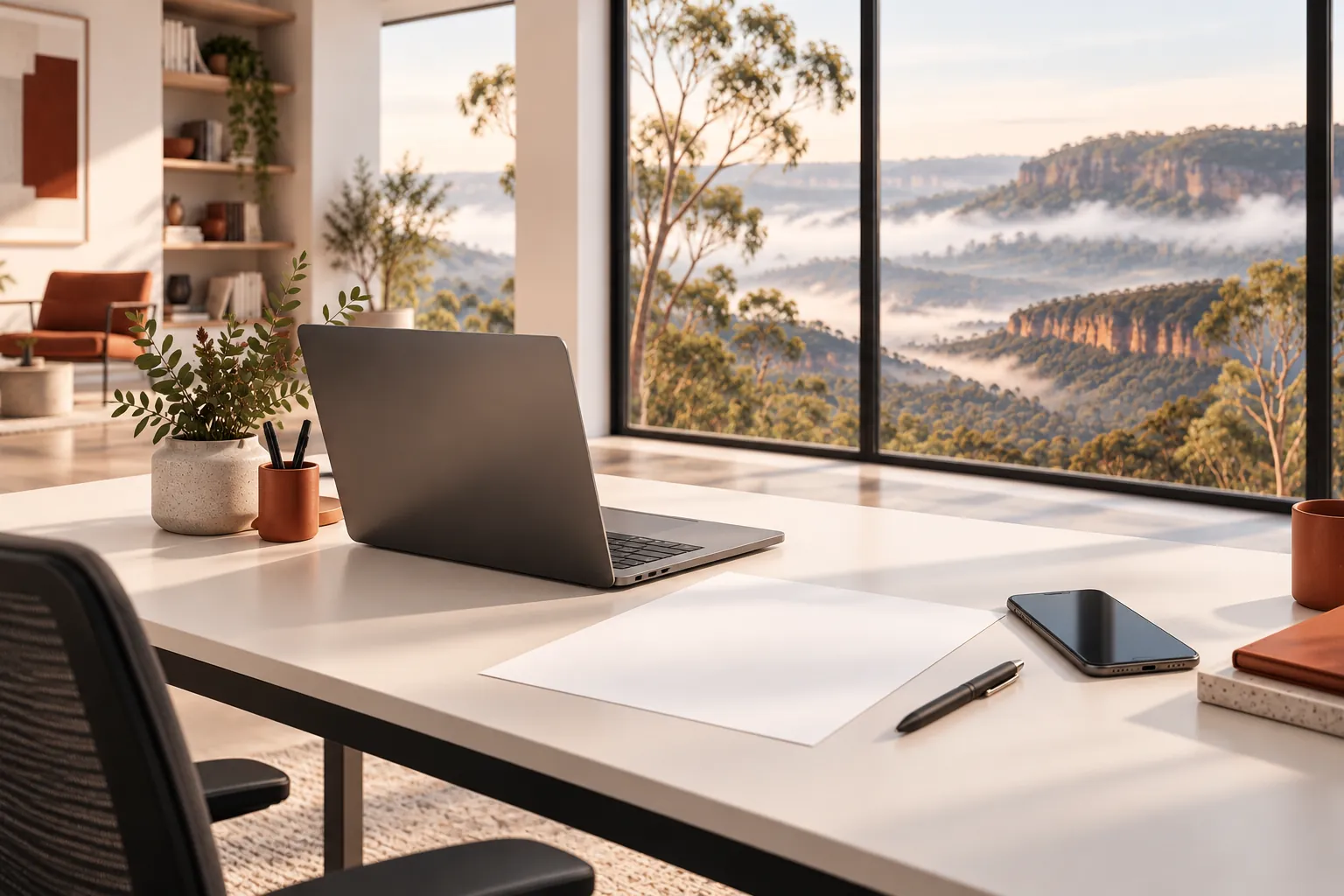 Illustration of a laptop, phone and blank document on an office desk.