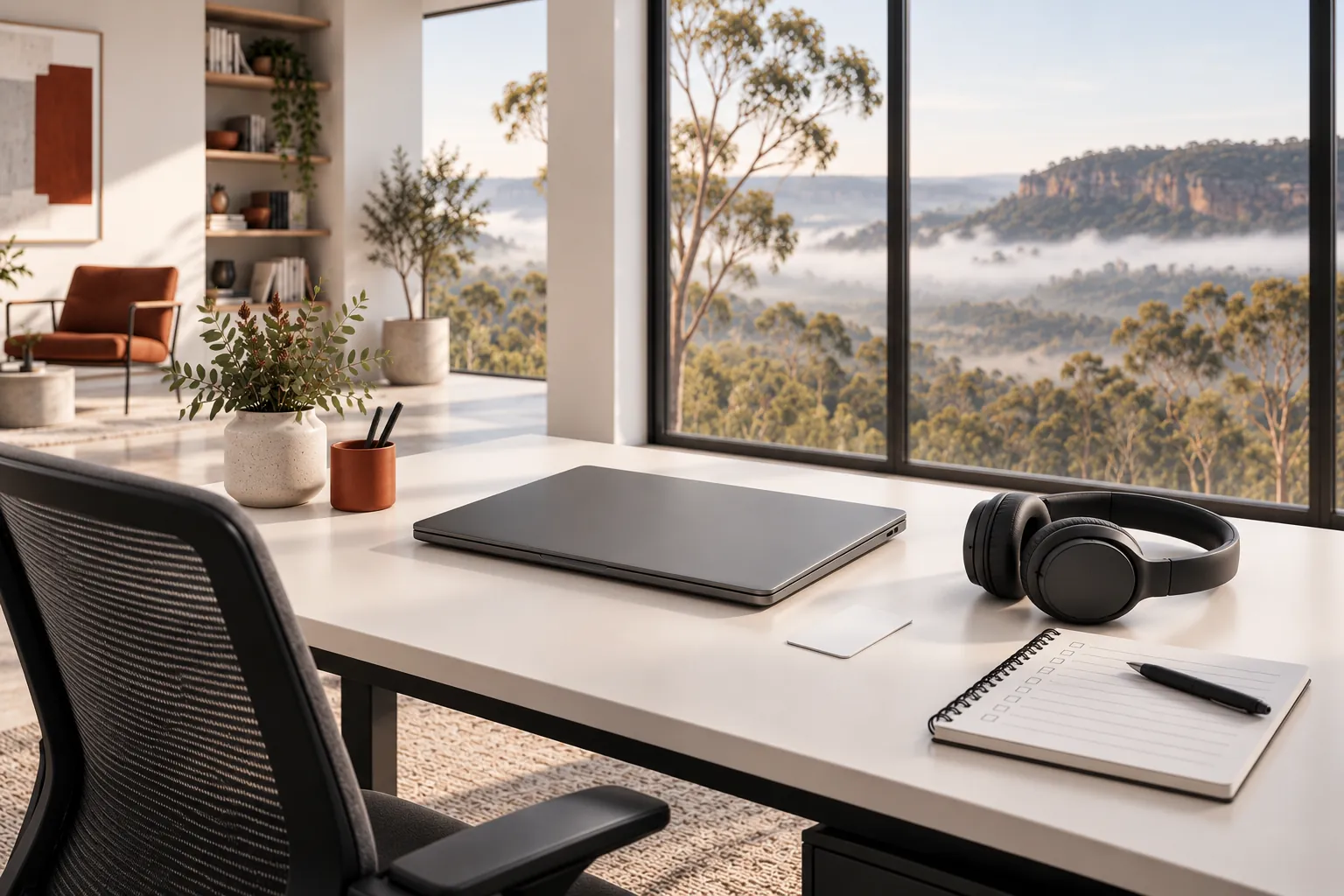 Illustration of a laptop, headset, card and checklist on a desk.