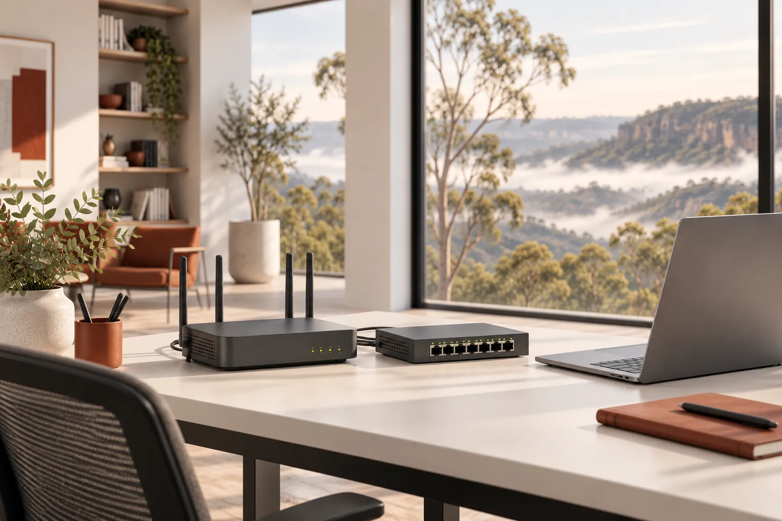Illustration of a router, network switch and laptop on a desk.