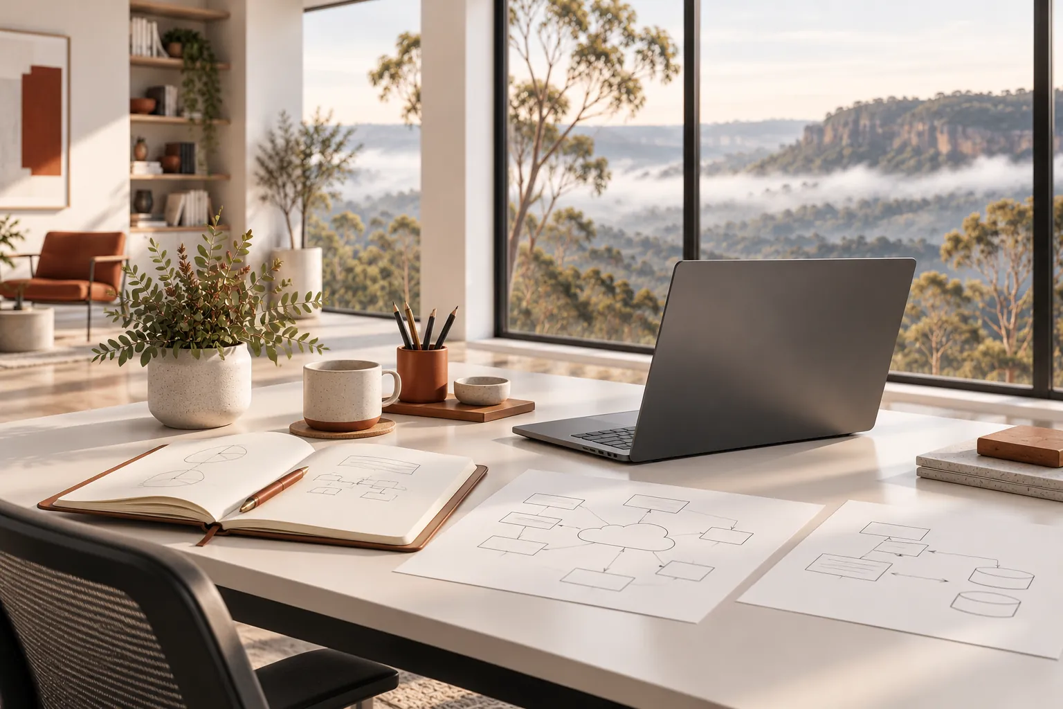 Illustration of a laptop, notebook and diagrams on a desk.