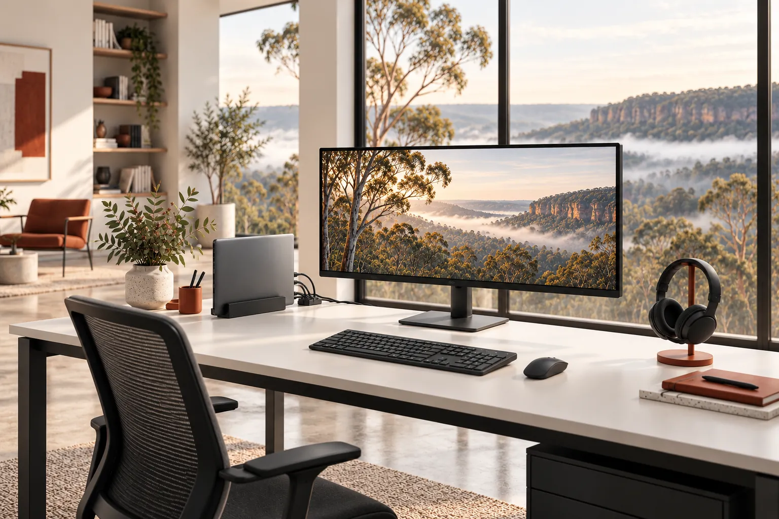 Illustration of a home office desk with a monitor and headset.