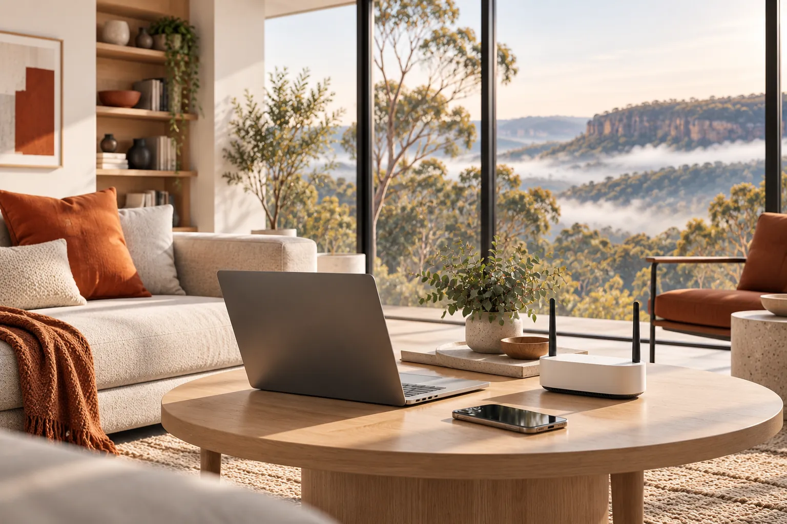 Illustration of a laptop, phone and Wi-Fi router in a living room.