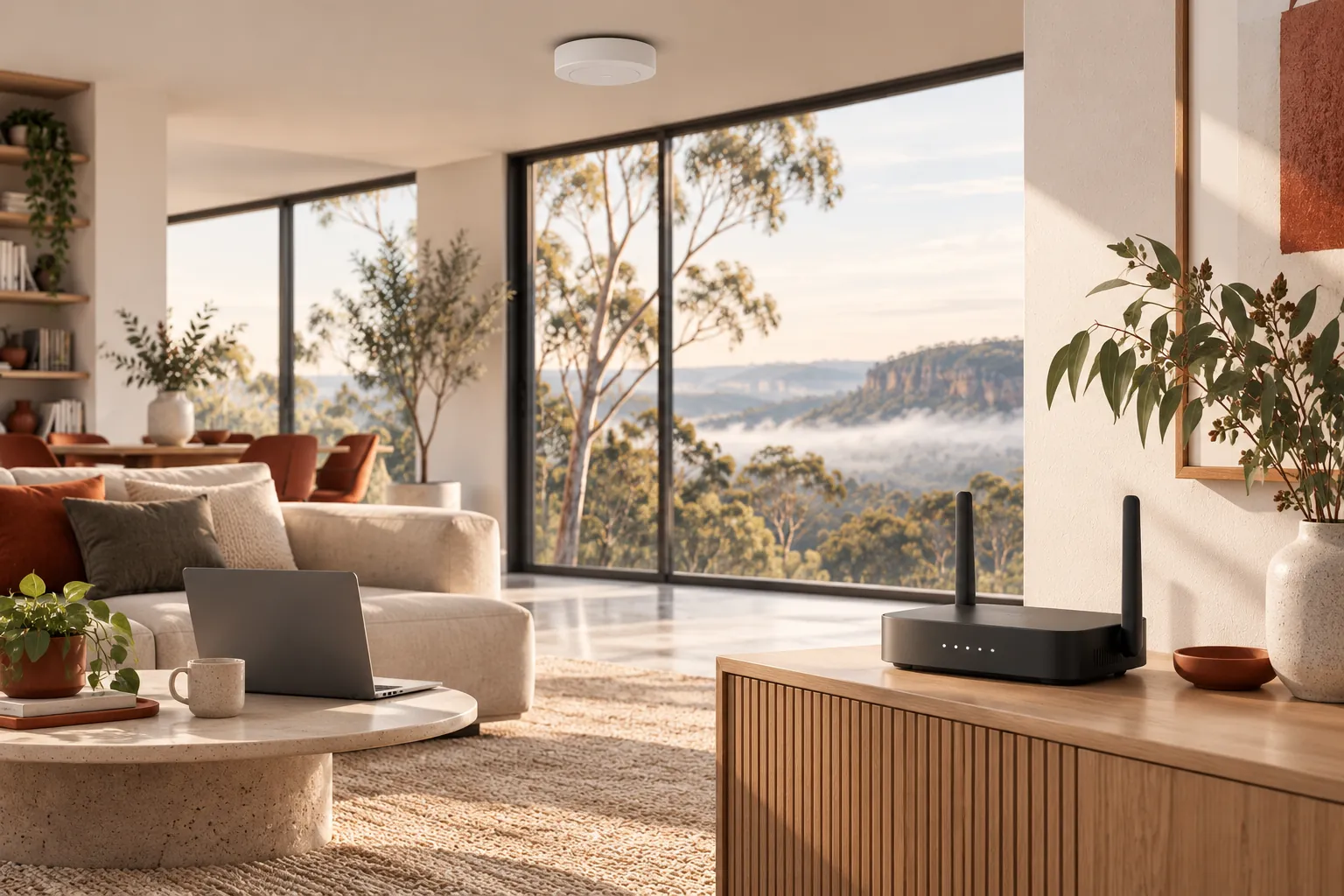 Illustration of a home Wi-Fi router and laptop in a living room.