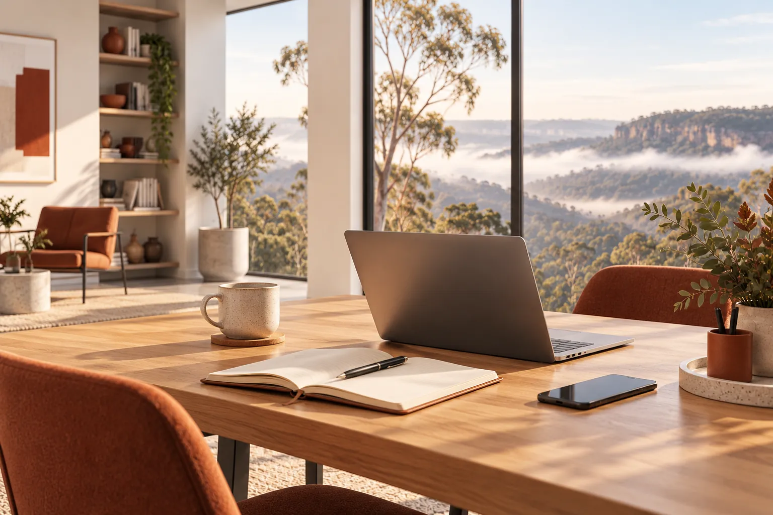 Illustration of a laptop, phone and notebook on a meeting table.