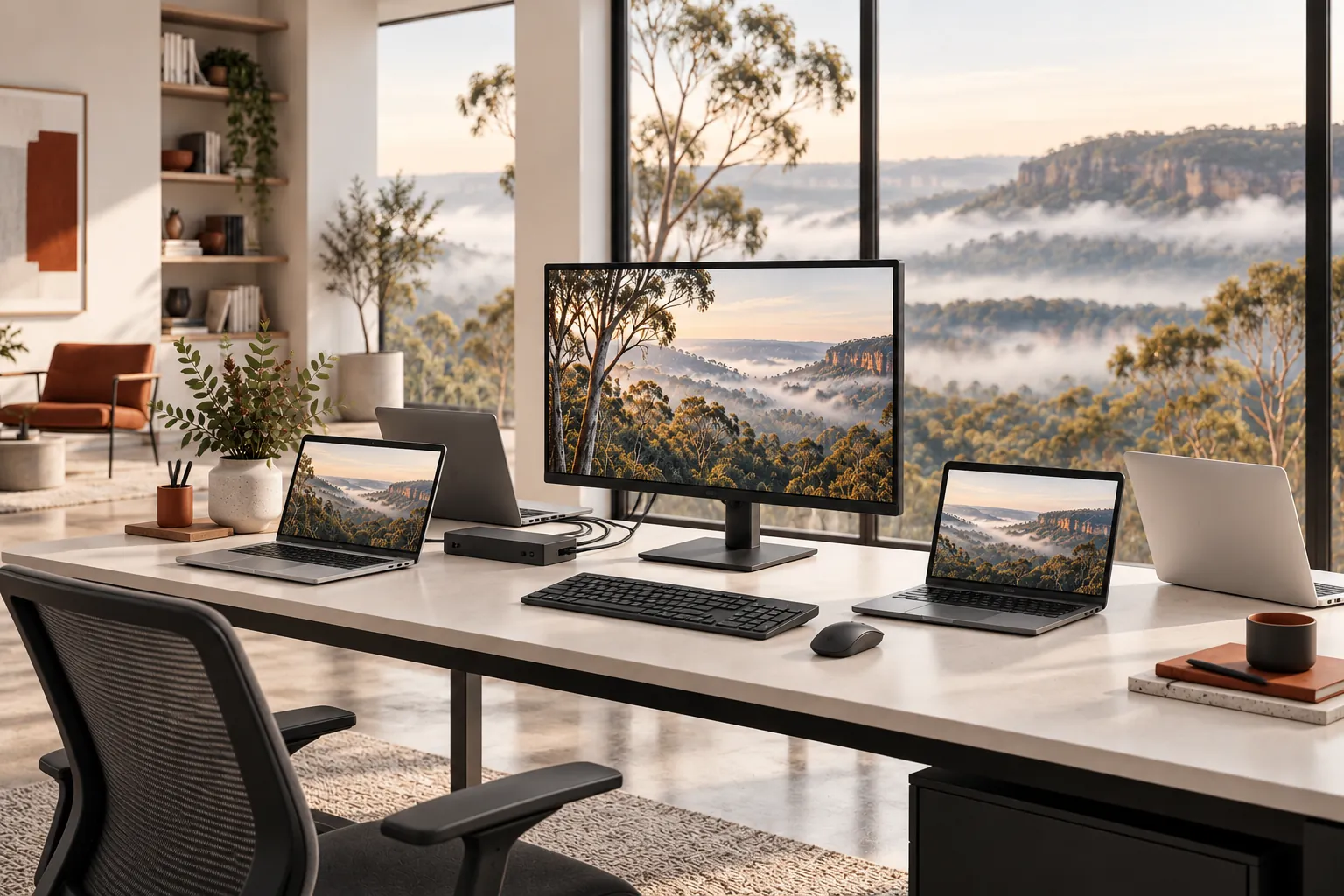 Illustration of laptops, a monitor and peripherals on a desk.