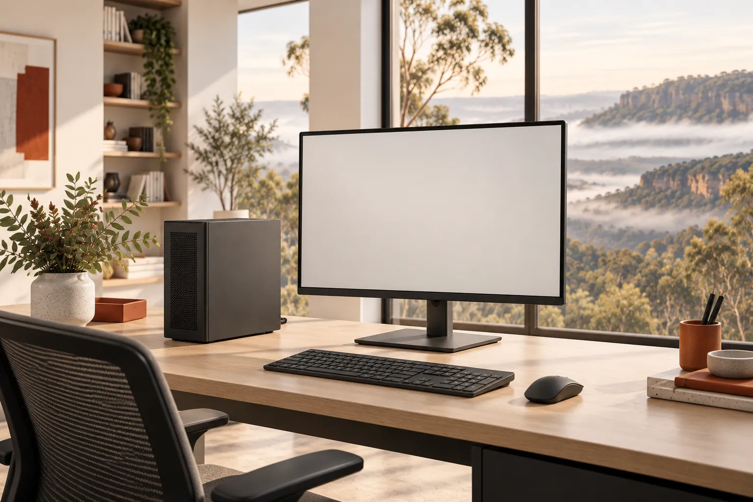 Illustration of a desktop computer and monitor on a desk.