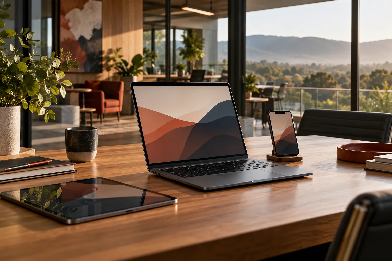 Illustration of a business laptop, phone and tablet on a desk.