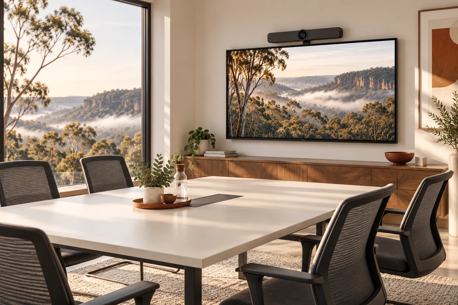 Illustration of a meeting room display and video conference camera.
