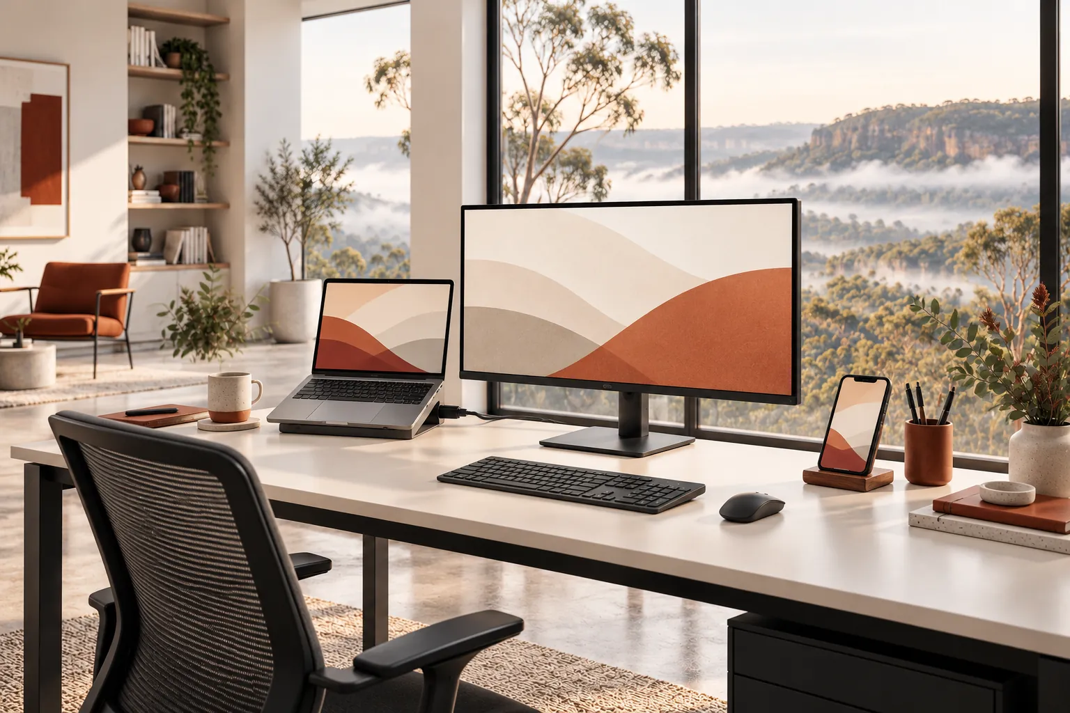 Illustration of a workplace monitor, laptop and phone.