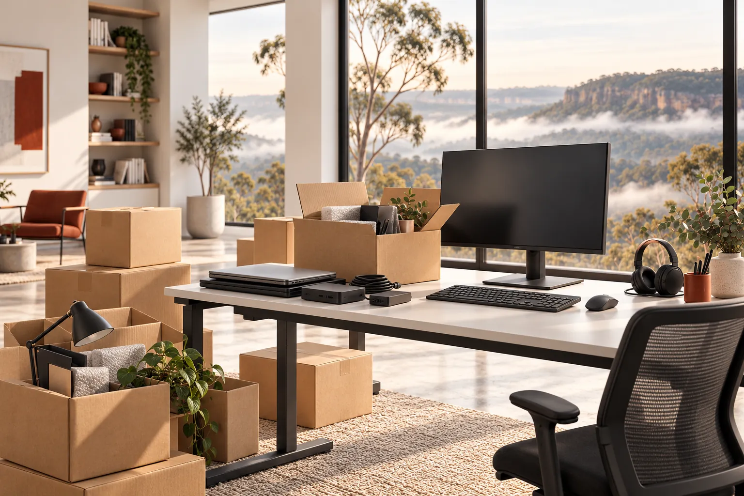 Illustration of office equipment and boxes ready for a move.