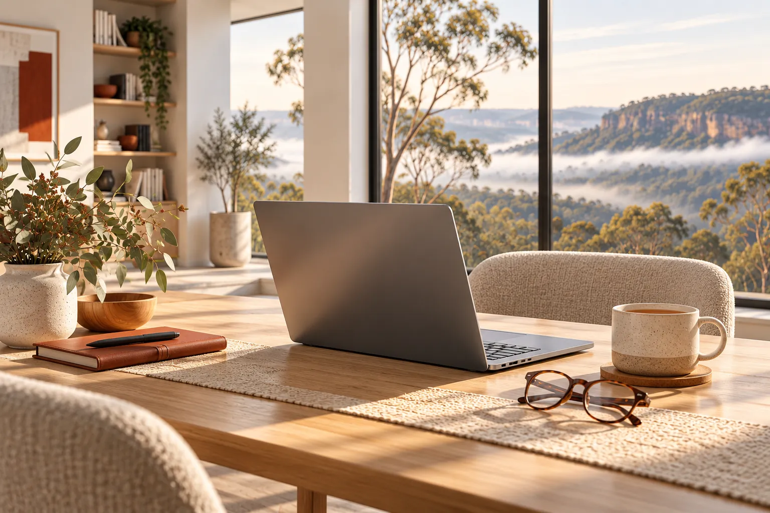 Illustration of a laptop, reading glasses and a cup on a home table.