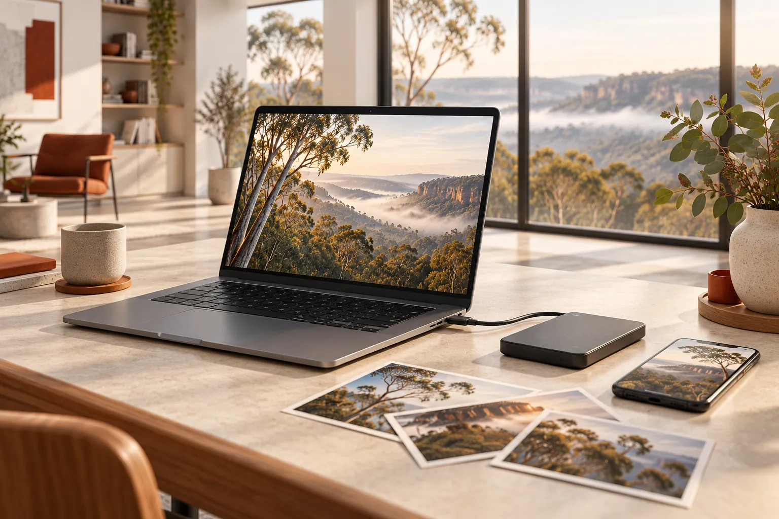 Illustration of a laptop, external drive, phone and printed photos.