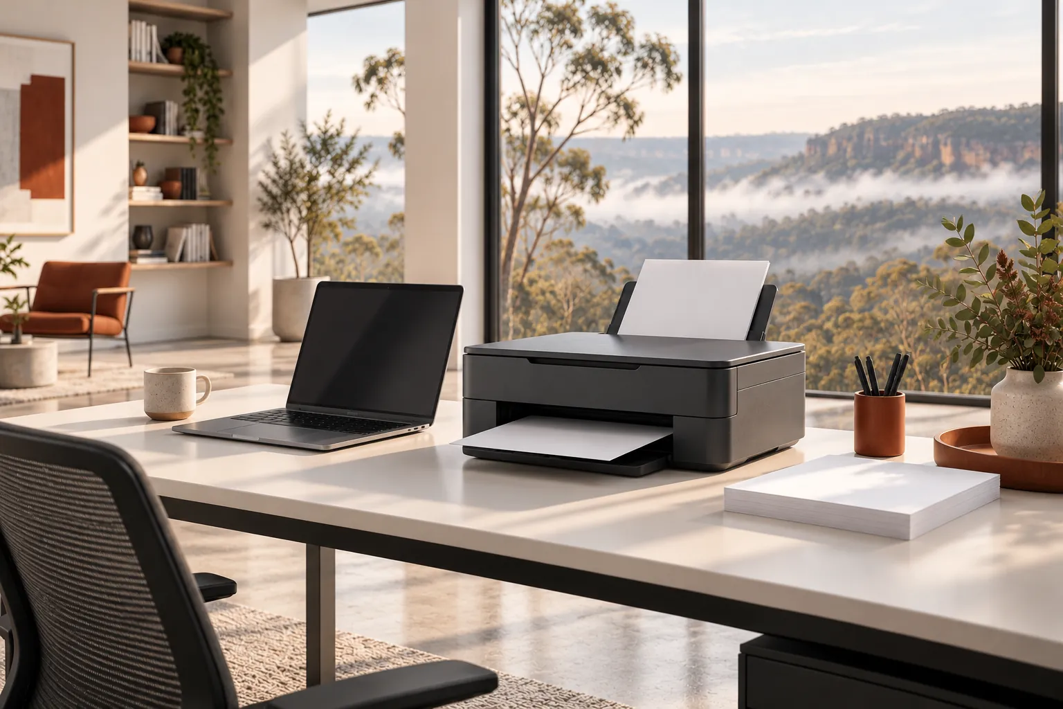 Illustration of a home printer and laptop.