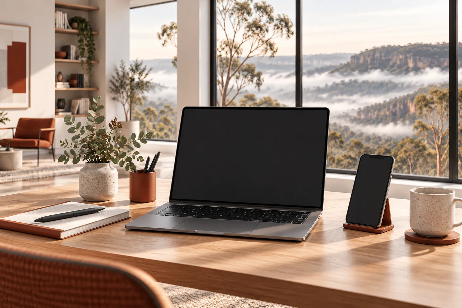 Illustration of a laptop and phone on a home desk.