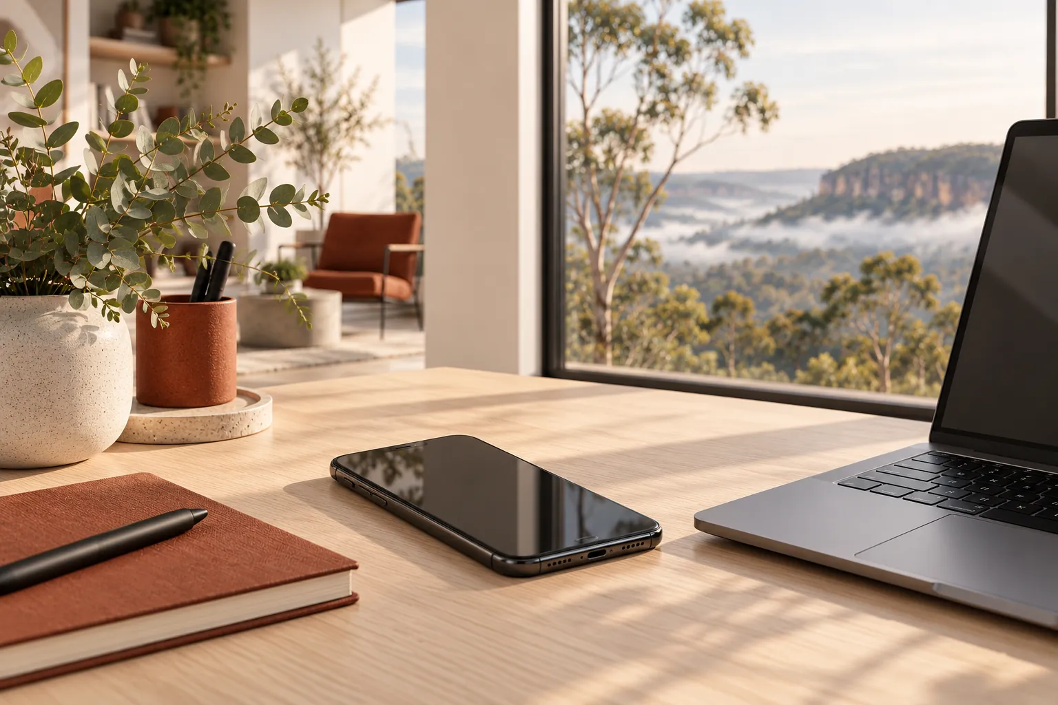 Illustration of a smartphone beside a laptop and notebook.