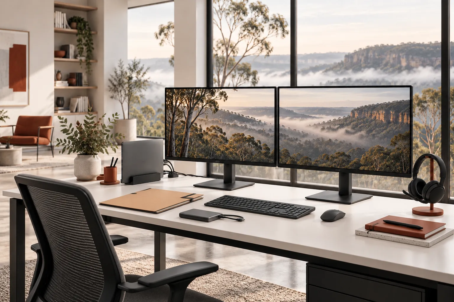 Illustration of an office desk with a folder and portable drive.