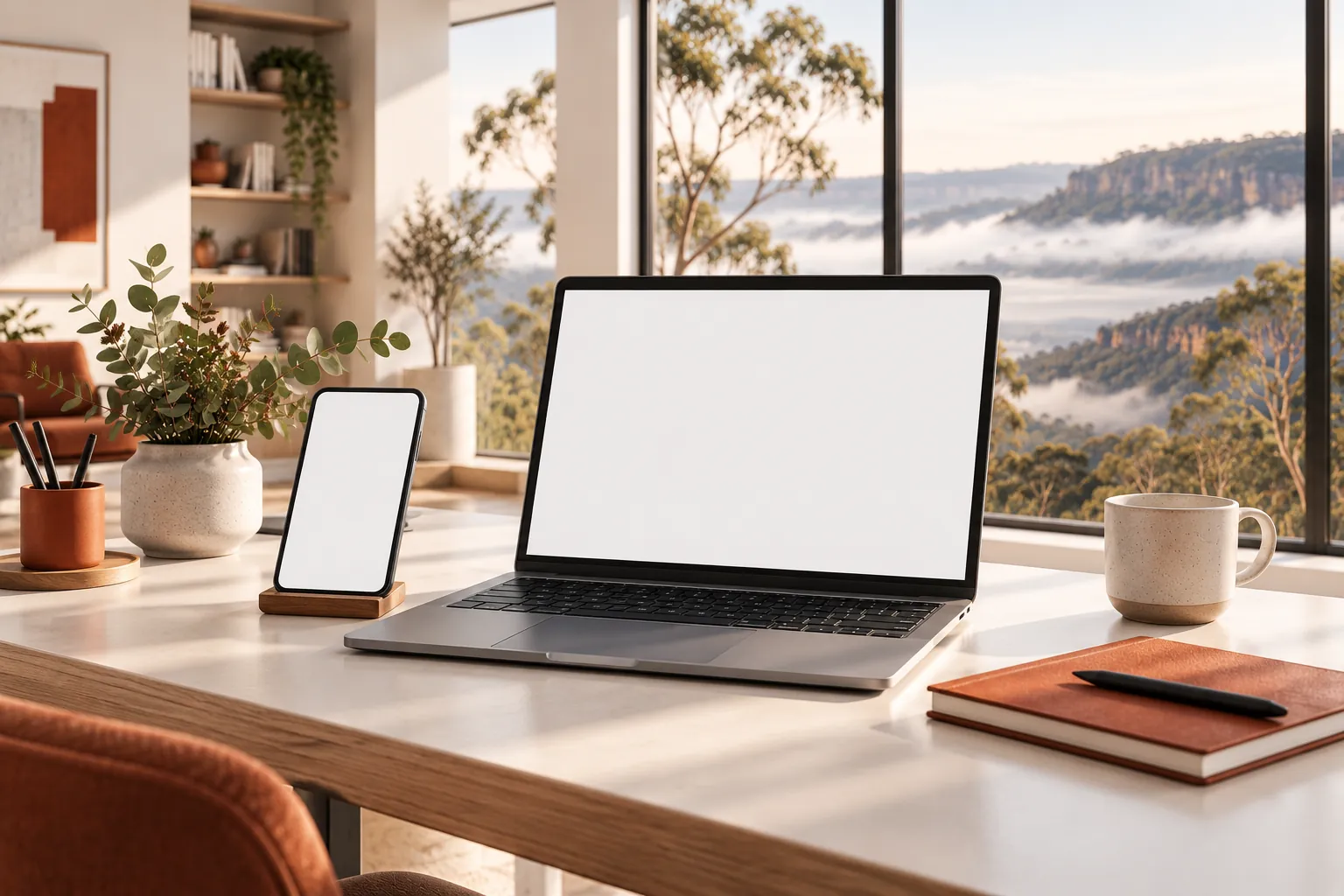 Illustration of a laptop and phone on a home table.