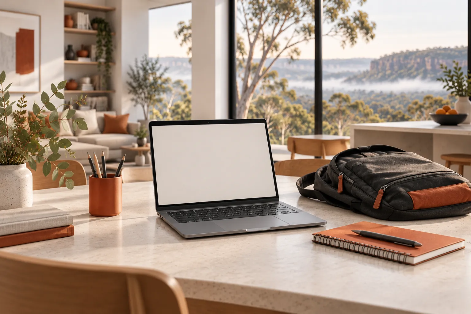 Illustration of a laptop, school bag and notebook on a family table.