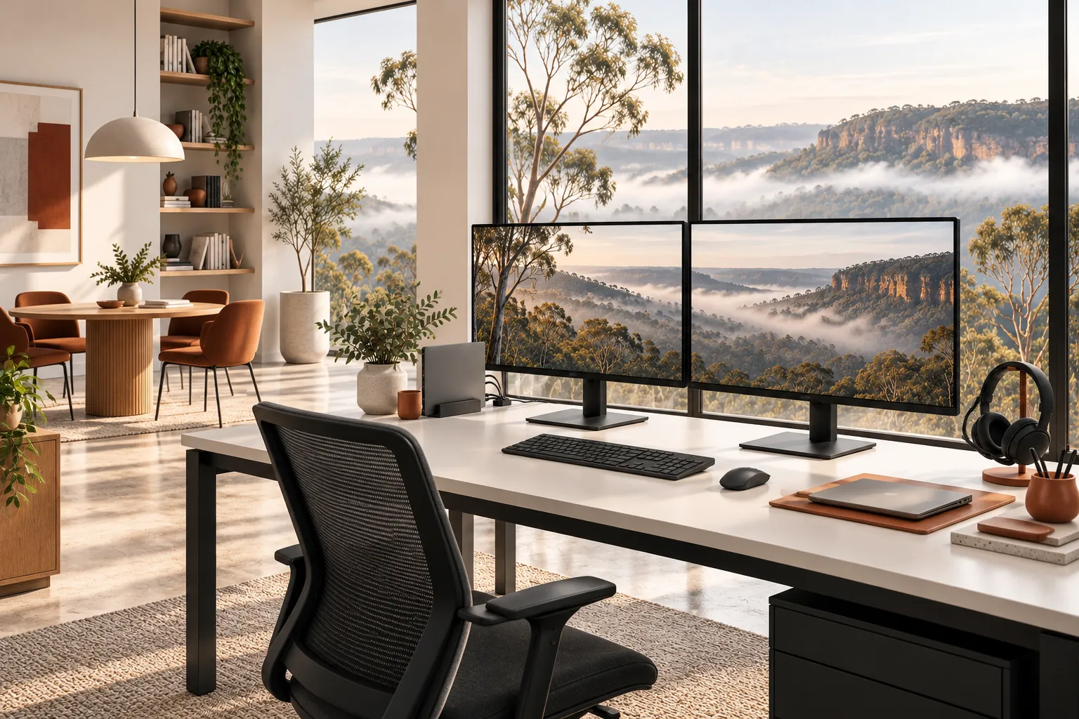 Illustration of an office workstation and meeting area.