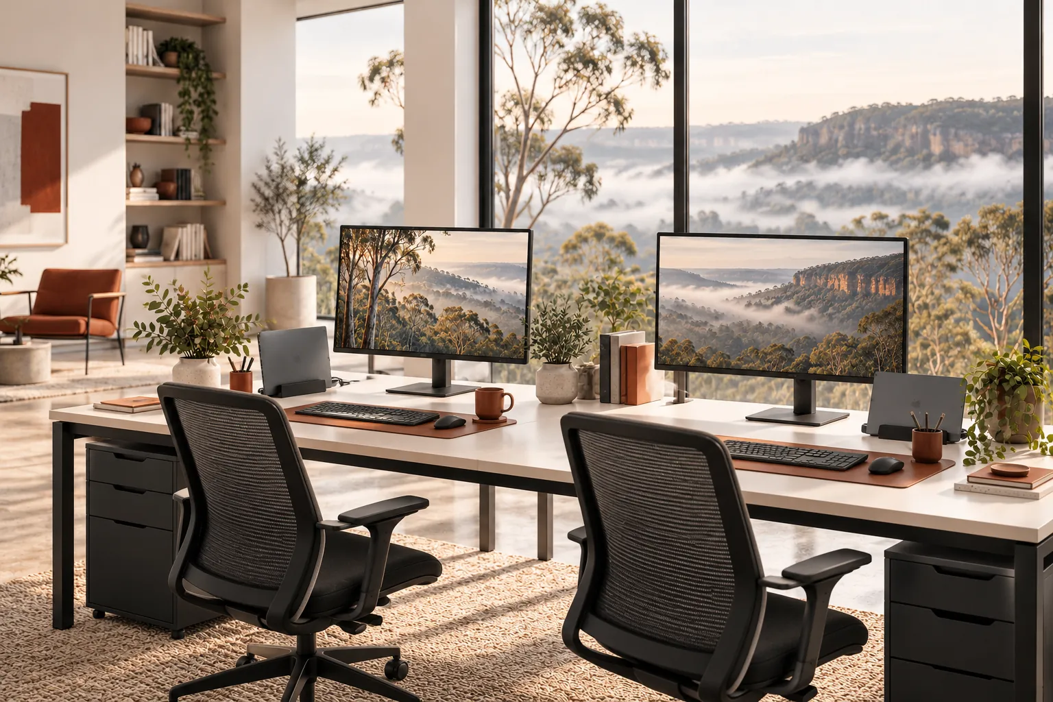 Illustration of two workstations in a small office.