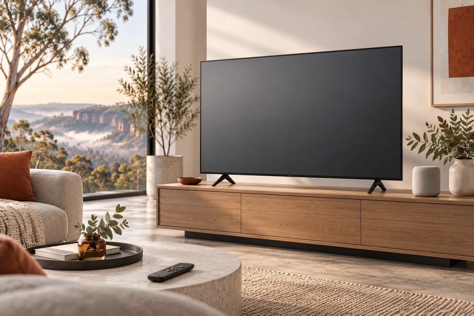 Illustration of a television, remote and speaker in a living room.