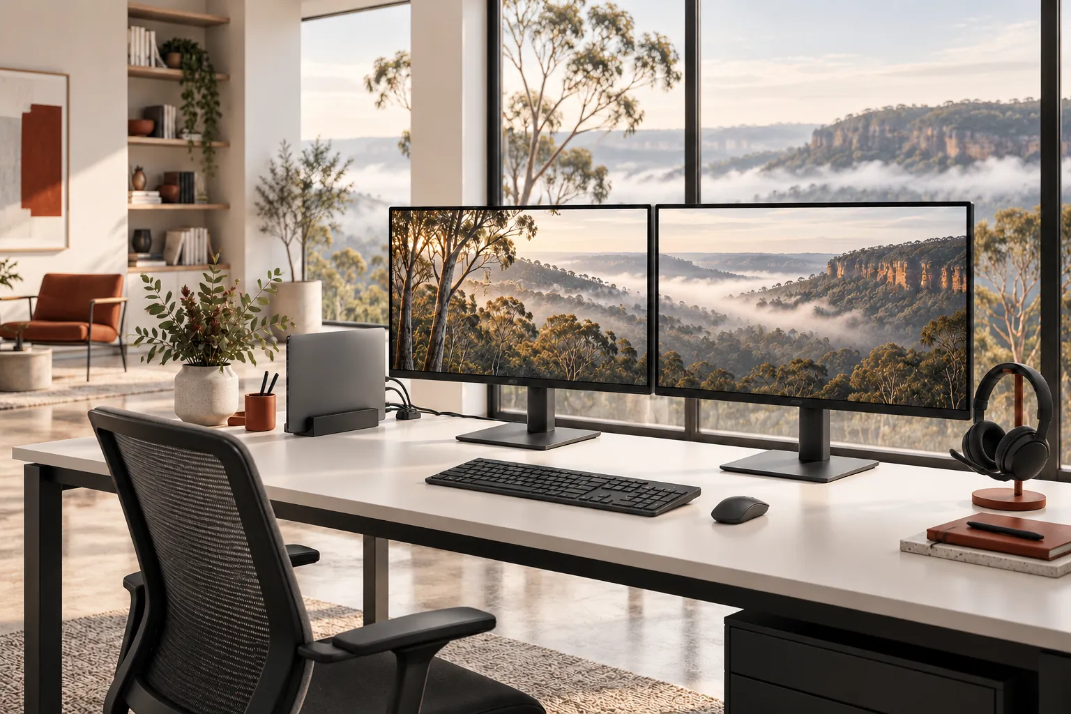 Illustration of a prepared workstation with monitors and headset.